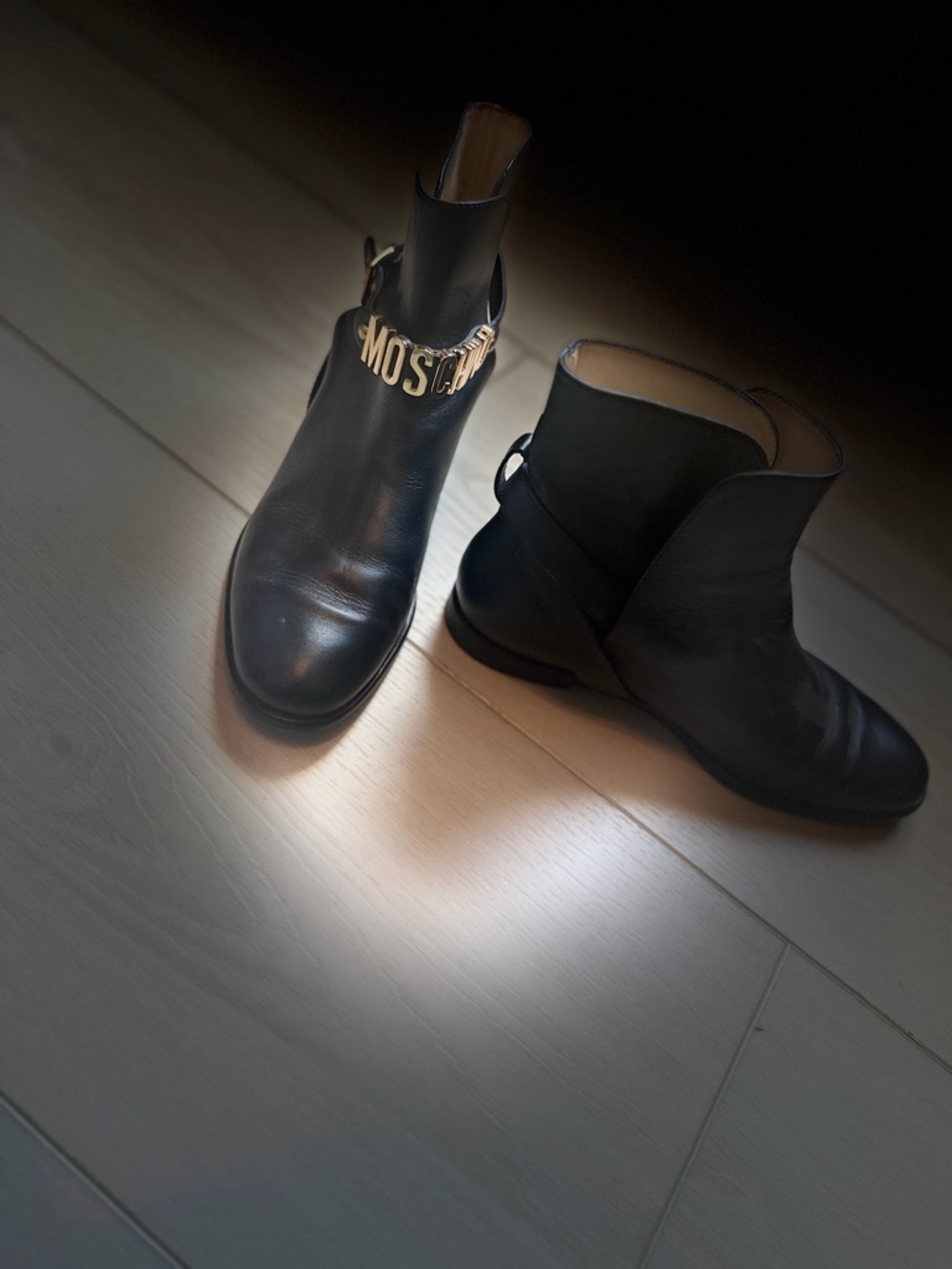 Moschino Black Leather Ankle Booties with Gold Logo Chain